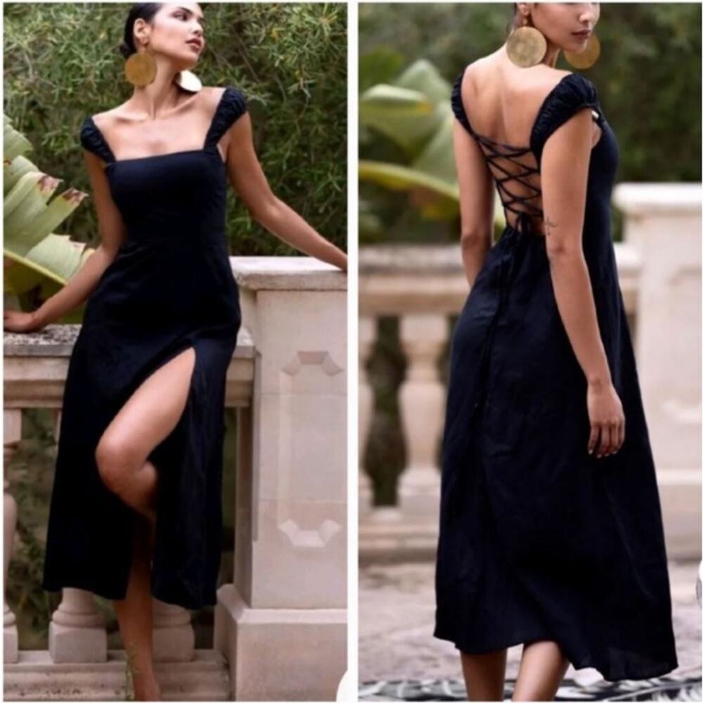 Zara Lace Up Tie Open Back Midi Dress Medium Black Linen Blend Square Neck